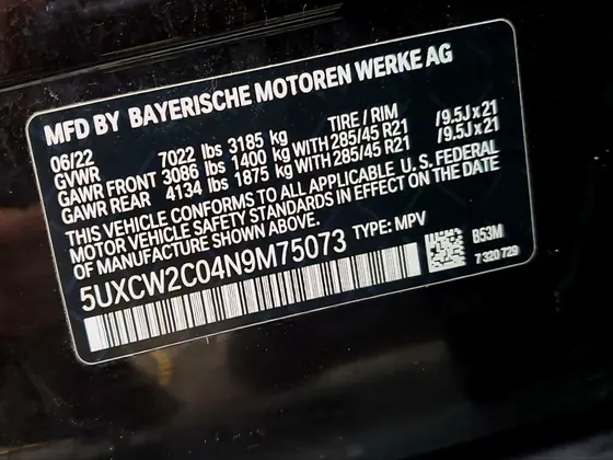 2022 BMW X7 VIN 5UXCW2C04N9M75073 - photo 9 of 9
